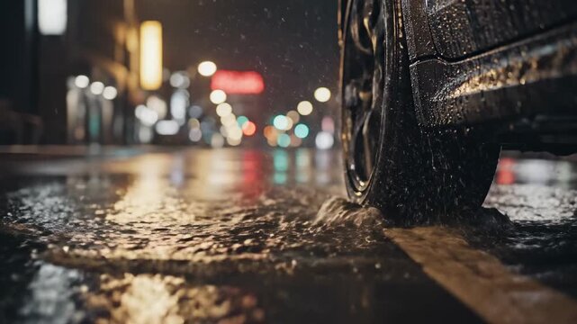 Close up view of a car tire splashing water while driving through a puddle on a wet asphalt road at night, with colorful city lights creating beautiful reflections on the glistening surface