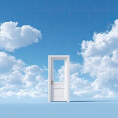 Open white door in a vibrant blue cloudy sky with horizon