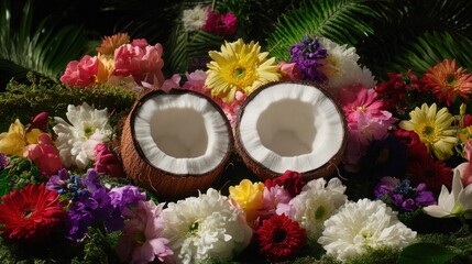 Coconut halves surrounded by a vibrant array of flowers.