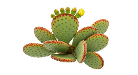 Isolated Beavertail cactus featuring yellow flower in full bloom plus green buds, outdoors © Ari