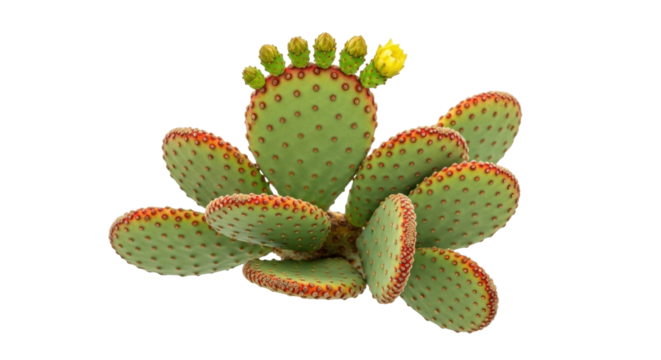 Isolated Beavertail cactus featuring yellow flower in full bloom plus green buds, outdoors