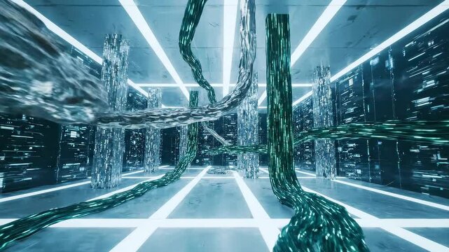 Abstract futuristic tunnel with glowing organic structures intertwined with digital patterns and flowing lights