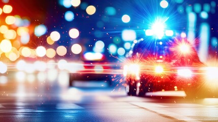 Night city scene with emergency vehicle lights.