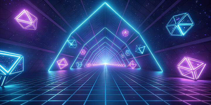 Fototapeta Futuristic neon background with glowing 3D cubes and triangles flying through a digital tunnel. Abstract technology concept with blue and purple lights, grid floor, and glowing lines in cyberspace. Pe