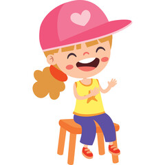 Cheerful young girl wearing a pink baseball cap and yellow shirt sitting on an orange stool with a transparent background