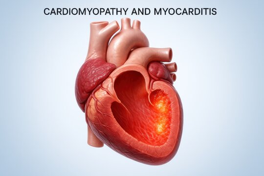 3D medical illustration of the human heart with a dilated ventricle and highlighted myocardial inflammation, representing cardiomyopathy and myocarditis for education.
