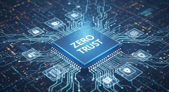 A computer chip with the words 'ZERO TRUST' on it, set against a blue and black circuit board background. - Powered by Adobe