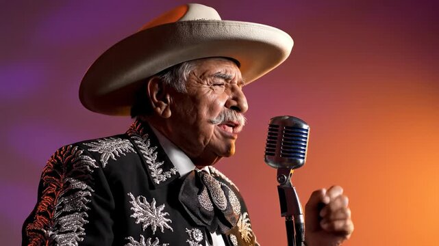 Passionate senior mariachi singer in a traditional charro suit and sombrero, performing a heartfelt song into a vintage microphone under warm studio lighting with a colorful background