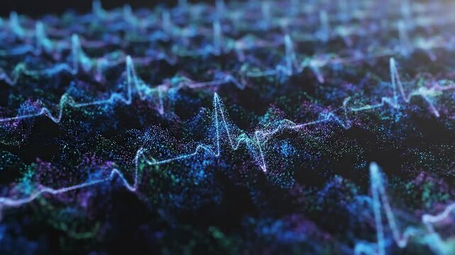 Digital heartbeat waveform visualization with glowing particles and abstract light patterns
