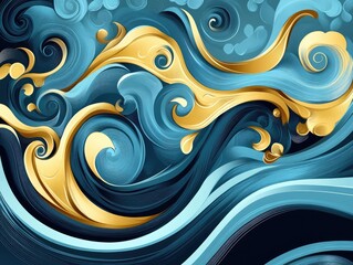 A decorative art piece featuring swirling, golden designs on an ocean blue background, symbolizing the sea's power and beauty.