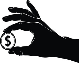 Closeup silhouette of a hand holding a single coin with a dollar sign.