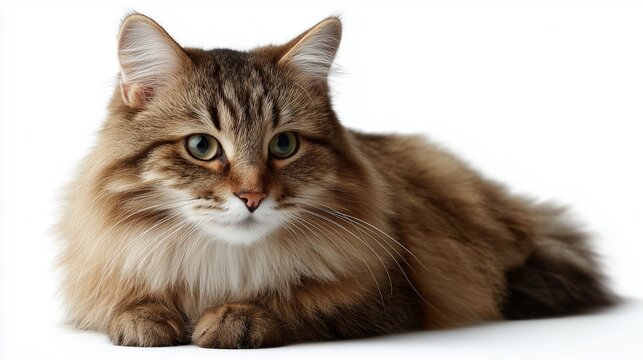 Beautiful fluffy cat resting calmly on a light background indoors in a cozy setting