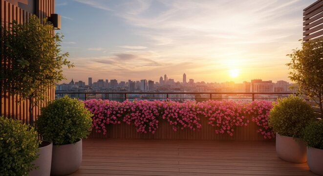 A serene rooftop garden with blooming flowers and lush greenery, overlooking a city skyline at sunset.