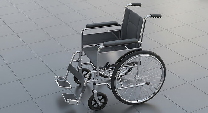 Silver and black wheelchair with large spoked wheels on tiled floor mobility accessibility - Powered by Adobe