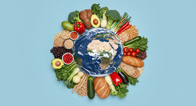 The earth surrounded by a vibrant array of fresh fruits, vegetables, grains, and bread