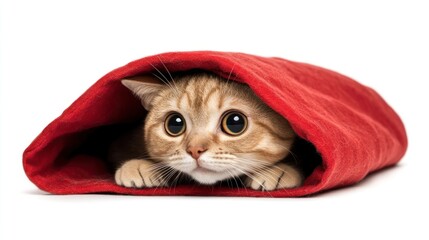 Curious kitten peeking from a red blanket.