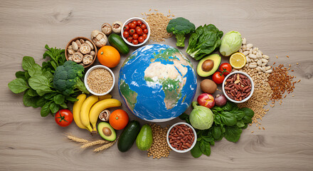 A globe of the earth encircled by a diverse selection of fresh produce and grains
