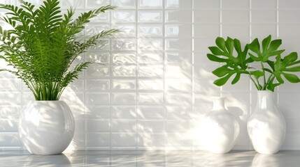 White ceramic vases with tropical plants against a white tiled wall.