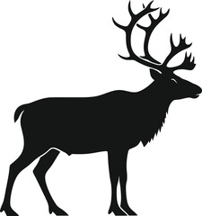 Silhouette of a majestic reindeer with large antlers, standing proudly on a white background.