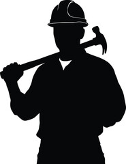 Silhouette of a construction worker wearing a hard hat and carrying a hammer over his shoulder