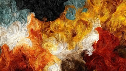 A digital art piece featuring an abstract pattern of swirling colors and shapes, reminiscent of a fur texture, in shades of orange, yellow, red, white, black, brown, and blue.