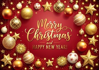 Festive Red Background with Golden Christmas Ornaments and Merry Christmas and Happy New Year Greetings