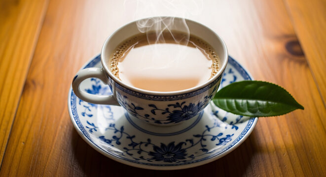 Elegant porcelain teacup filled with creamy milk tea and a fresh green tea leaf