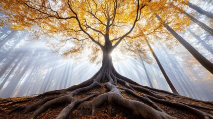 Majestic tree roots extending across the forest floor in autumn.