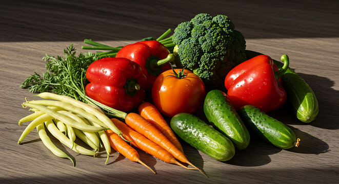 A fresh assortment of colorful vegetables including bell peppers, carrots, cucumbers, and broccoli