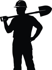 Silhouette of a construction worker wearing a hard hat and carrying a shovel over his shoulder