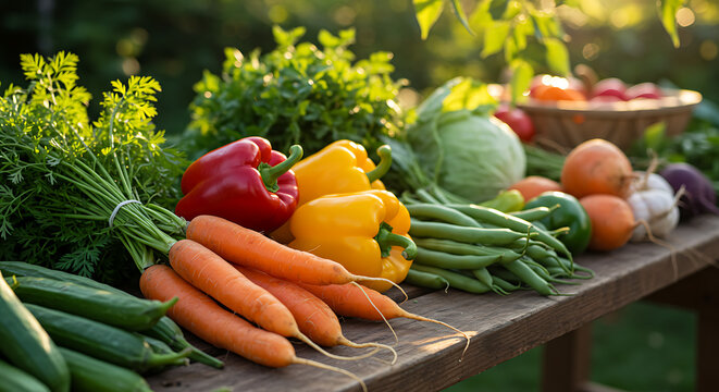 A variety of fresh vegetables arranged on a rustic wooden table in natural sunlight - Powered by Adobe