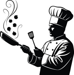 Silhouette of a chef in uniform cooking with a pan and spatula.
