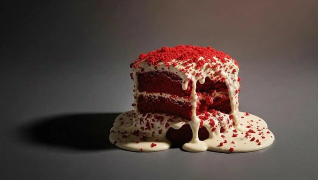A decadent slice of red velvet cake, oozing with creamy frosting. The cake looks irresistible, promising a delightful treat