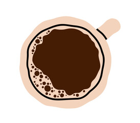 Hand drawn cute illustration coffee cup top view. Flat vector decorative mug with hot drink doodle. Breakfast beverage with foam icon. Morning routine sticker. Comfort or relaxation concept. Isolated.