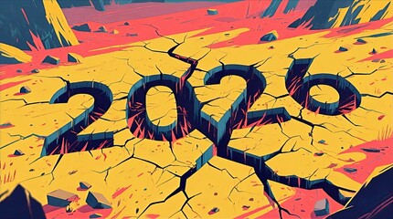 Massive Cracks Splitting Yellow Desert around Bold Dark Blue 2026 Text, Earthquake Disaster Concept
