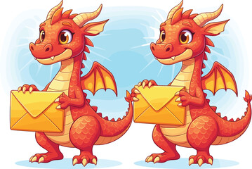 Cute red cartoon dragons holding yellow envelopes, adorable fantasy dragon mail delivery illustration in cheerful vector art style