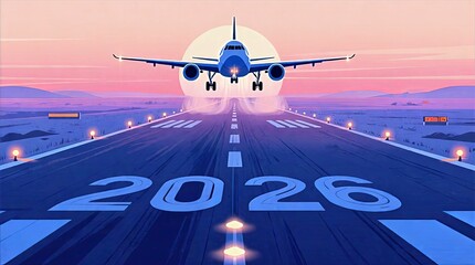 Passenger Plane Approaching Runway Marked 2026 at Pink and Orange Mountain Sunset with Lights, Aviation Runway Illustration