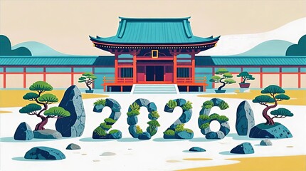 Traditional Temple Landscape with Mossy Rock Formations Spelling 2026 amid Pines and Distant Mountains, Cultural Landscape Illustration