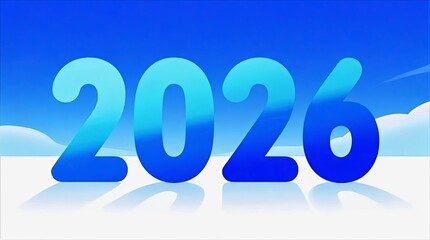 Large Gradient Blue 2026 Numerals Reflecting on Glossy Surface against Clear Sky with Soft Clouds, Minimalist Year Background