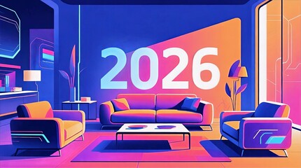 Vibrant Neon Living Room with 2026 on Gradient Wall Yellow Armchair Blue Sofa and City View, Colorful Interior Illustration
