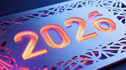 Neon Orange and Pink 2026 on Intricate Silver Laser Cut Geometric Metal Background with Subtle Reflections, Futuristic Metal Typography