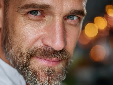 A close-up of an adult male with blue eyes and a graying beard, wearing a white shirt. Warm bokeh lights create a soft, festive background, enhancing the depth and focus on his face - Powered by Adobe