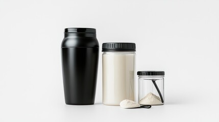 Three containers with powder and a shaker.