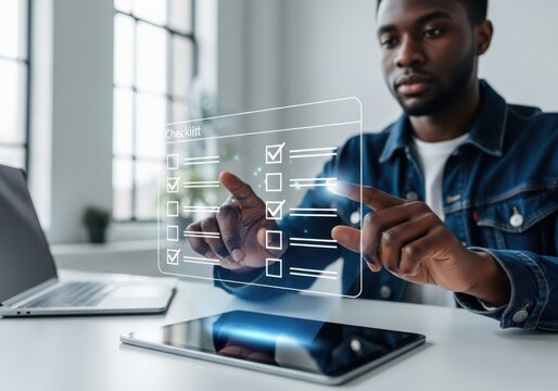 Man interacting with digital checklist on transparent screen hands technology