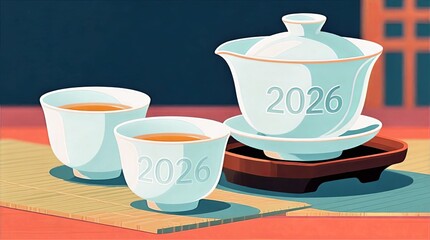 Light Blue Japanese Teacups Engraved with 2026 on Tray against Dark Blue Wall and Orange Window, Japanese Tea Illustration