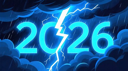 Glowing Blue 2026 Numbers Split by Jagged Lightning Bolt in Dark Rainy Thunderstorm Sky, Lightning Year Typography