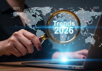 Person examining global trends for 2026 with magnifying glass over digital map hand