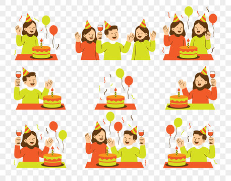 Cute People Celebrating Birthdays Vector Cartoon Illustration