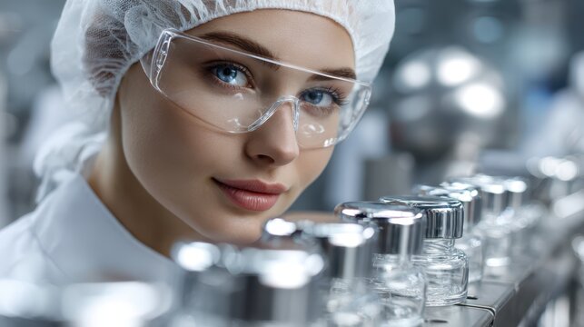 Scientist wearing protective glasses and a hairnet, standing beside a row of clear glass containers in a laboratory, with a blurred industrial background suggesting scientific research