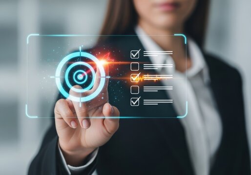 Person hand touching digital target and checklist on futuristic screen image